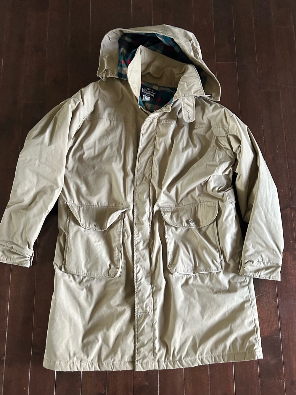 Vintage Woolrich Jacket Men Large Beige Pockets Wool Flannel Lined Hiking USA L